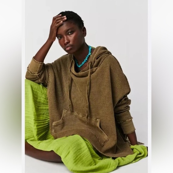 Free People One Gannet Hoodie Waffle Knit Front Pocket Side Slits Brown - Picture 6 of 9